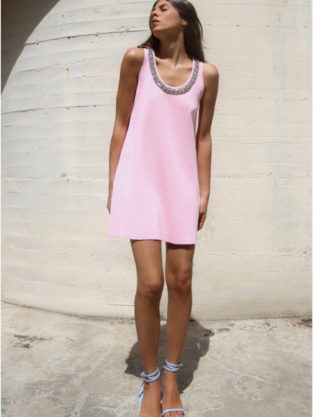 ZARA Pink Jewel Knit Mini Dress Rhinestone Crystal Neckline Barbiecore S